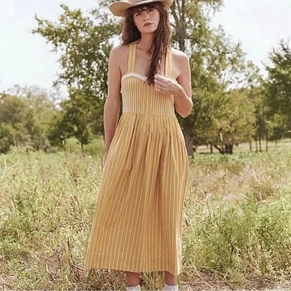 THE GREAT Laurel Striped Midi Dress in Sunburst Stripes Yellow Sz M - Picture 1 of 6